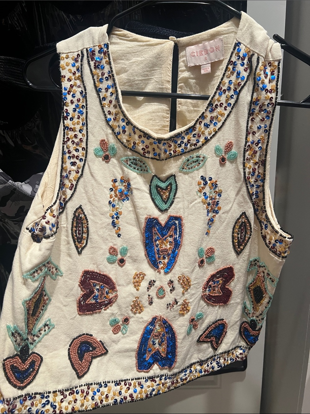 Sleeveless Embellished Cream Beaded Crop Top